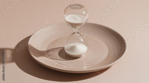 Minimalist intermittent fasting setup featuring hourglass on an empty plate for mindful eating