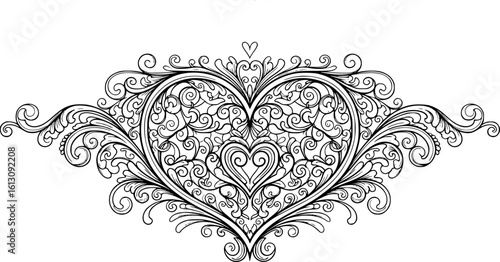 Filigree curly Calligraphic Heart, Fancy Line Flourishes Swirls hearts, curve romantic love separator, Valentines Day divider flourish Swirl, Calligraphy Flourish lettering header hearts scroll 