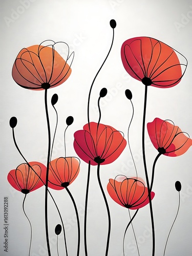 Abstract Red Poppy Flower Illustration with Black Stems and White Background