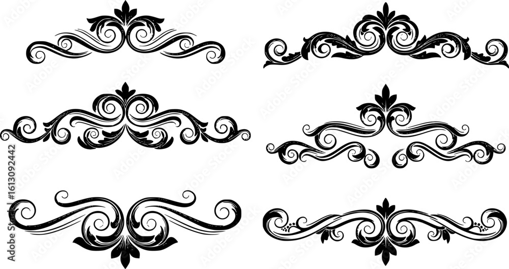 Collection of decorative ornamental swirls borders, flourishes and dividers ornate tribal elements in black on white background Collection of decorative ornamental swirls borders, flourishes and dividers ornate tribal elements in black on white background