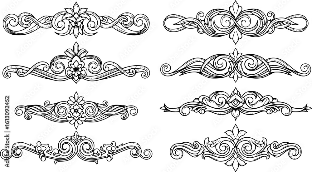 Fototapeta premium Collection of decorative ornamental swirls borders, flourishes and dividers ornate tribal elements in black on white background 