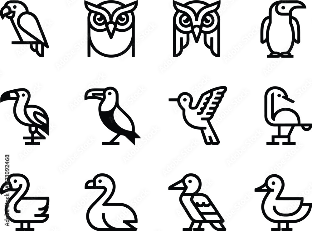 Obraz premium Collection of stylized line art icons representing various bird species in a simple graphic design