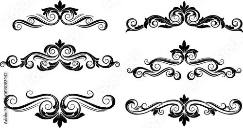 Collection of decorative ornamental swirls borders, flourishes and dividers ornate tribal elements in black on white background 