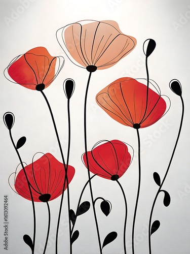 Stylized Poppy Flower Illustration in Red and Orange with Black Stems