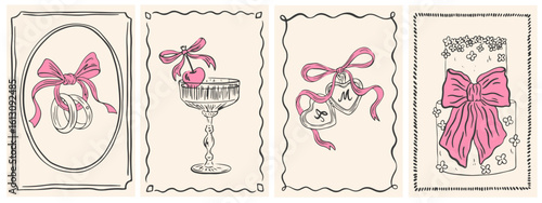 Hand drawn chalk wedding posters. Vintage frames with ribbon, bow. Coquette aesthetics elements for wedding invitations, menu and party. Ink doodle sketch style Minimalist coquette vector borders.
