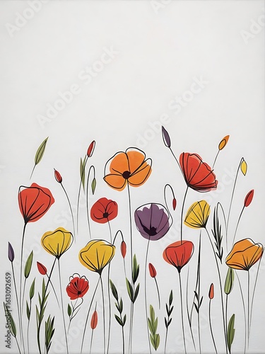 Colorful Poppy Flower Illustration on White Background Hand Drawn Style