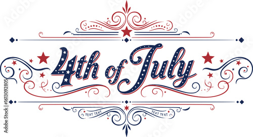 4th of July lettering header Ornate swirls, patriotic red stars, and blue Elegant fancy separators Decorative Elements, Independence Day Calligraphy Flourishes text dividers