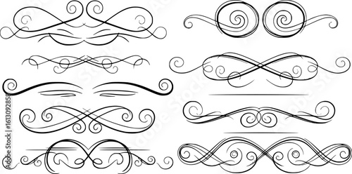 Vintage Filigree Swirls, calligraphy font style Decorative Elements, Text Ornaments curly thin line swings swashes, Flourishes Swirls, text divider, flourish Swirl ornament stroke, scroll design 