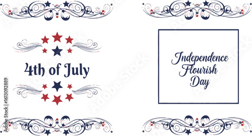 4th of July lettering header Ornate swirls, patriotic red stars, and blue Elegant fancy separators Decorative Elements, Independence Day Calligraphy Flourishes text dividers