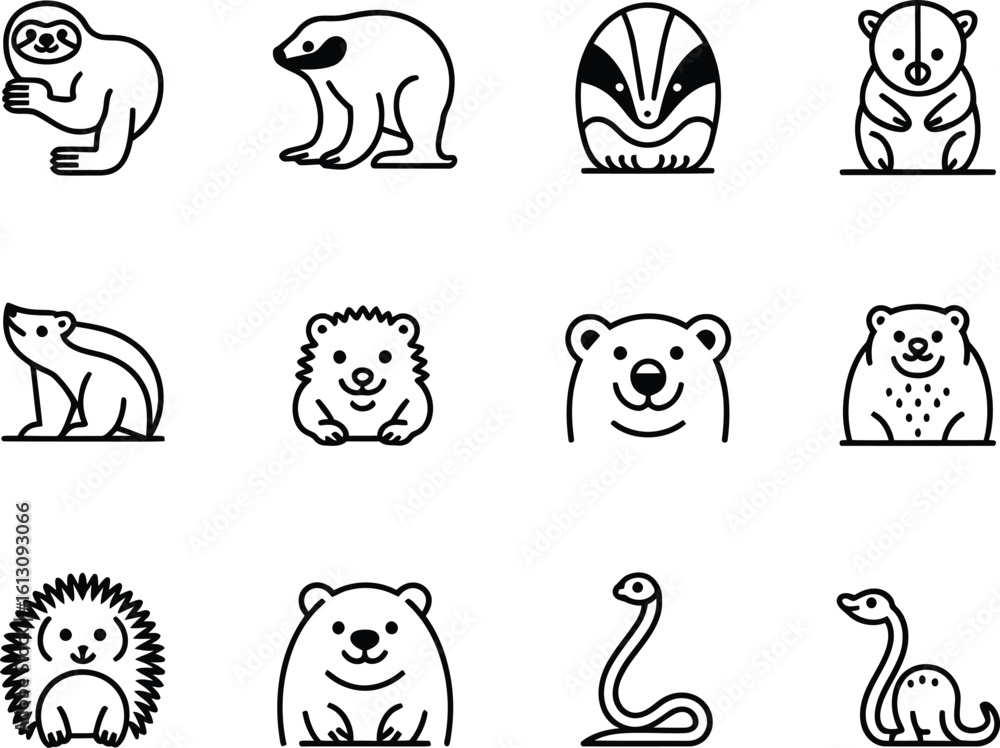 Obraz premium Collection of cute hand drawn cartoon animal illustrations in black and white outline style