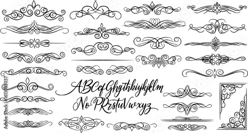 Calligraphy filigree lines Text dividers, vintage Flourishes decorative Scrolls, wedding Ornate, fancy elegant page Separators design elements, Header Swirls menu card,s Ornamental Border