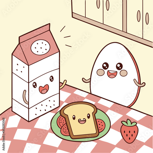 A happy breakfast scene with milk, toast, and strawberries