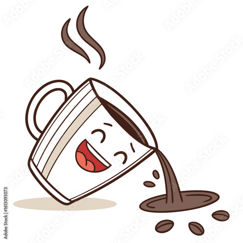 A happy cartoon coffee cup character spilling coffee and beans