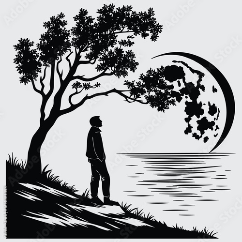  Full moon reflecting on calm sea image silhouette design vector art and illustration