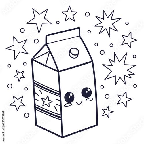 Cute milk carton character with sparkling stars and happy expression