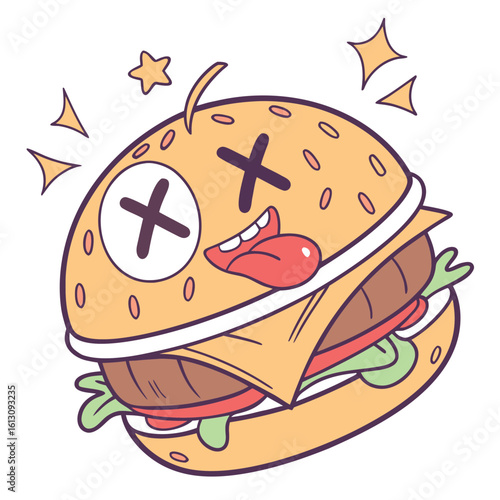Funny cartoon burger character looking sick with crossed out eyes