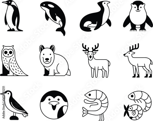 Collection of hand drawn arctic and antarctic animals and sea creatures in a simple sketch style