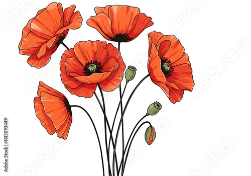 Hand Drawn Red Poppy Flowers and Buds on White Background Illustration