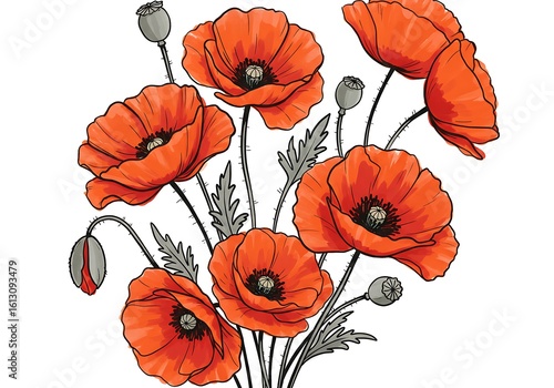 Hand Drawn Red Poppy Flower Illustration with Buds and Leaves