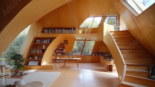 Cozy wooden interior with bookshelves, staircase, and natural light, showcasing a unique design