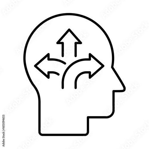 Head with arrows line icon. Making decisions. Versatility, opportunities, mental flexibility concept. Three way direction. Mind full of choices. Different directions in life. Vector illustration. 