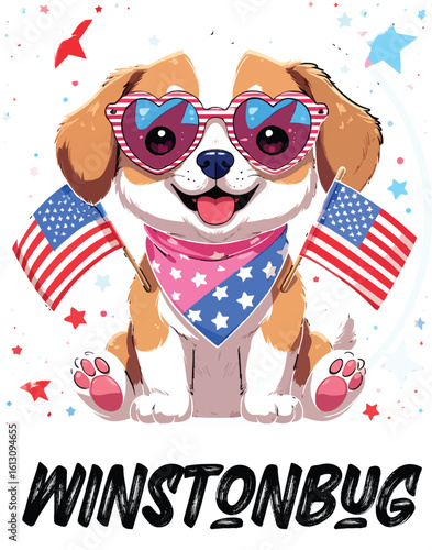 Kawaii Patriotic Puppy with Heart Sunglasses and American Flags – Cute Sticker-Style Illustration 