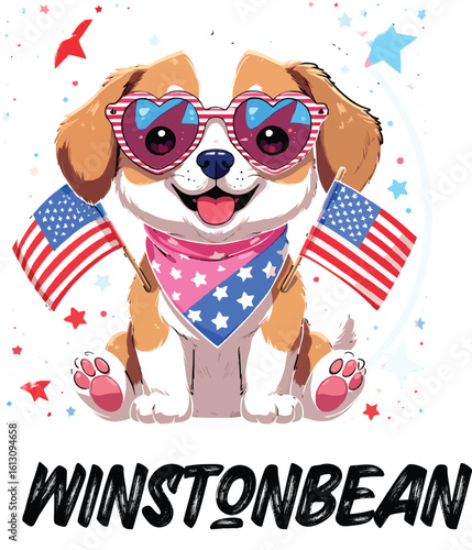 Kawaii Patriotic Puppy with Heart Sunglasses and American Flags – Cute Sticker-Style Illustration 