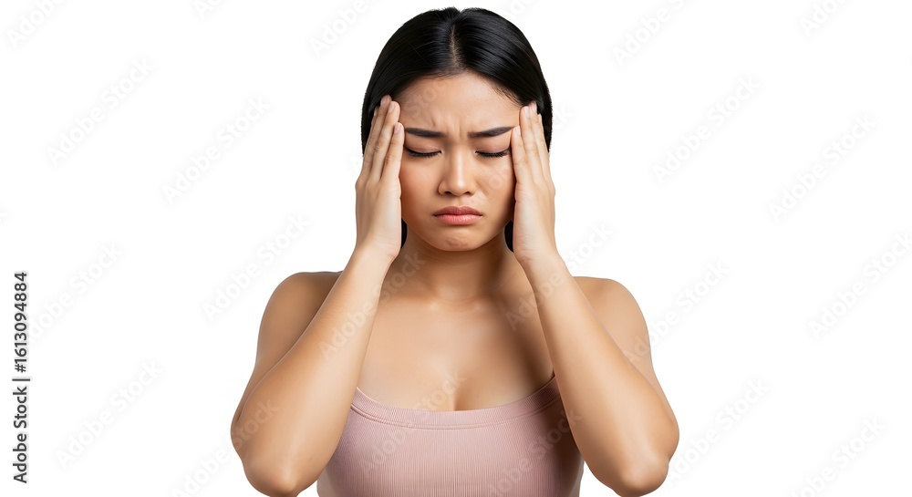 Fototapeta premium Agonizing Migraine: Stressed Young Asian Woman Massaging Her Temples in Pain.