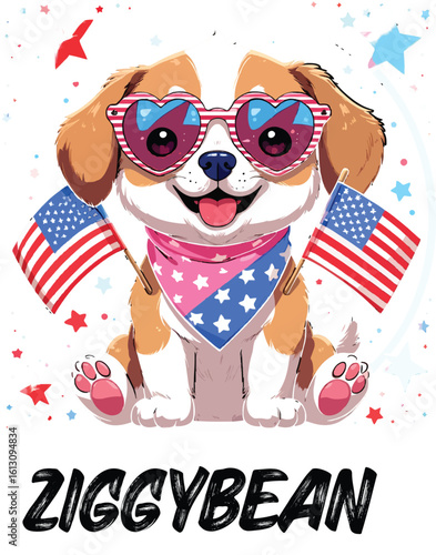 Kawaii Patriotic Puppy with Heart Sunglasses and American Flags – Cute Sticker-Style Illustration 