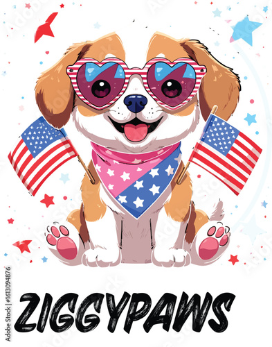 Kawaii Patriotic Puppy with Heart Sunglasses and American Flags – Cute Sticker-Style Illustration 