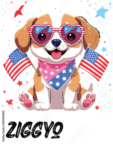 Kawaii Patriotic Puppy with Heart Sunglasses and American Flags – Cute Sticker-Style Illustration 