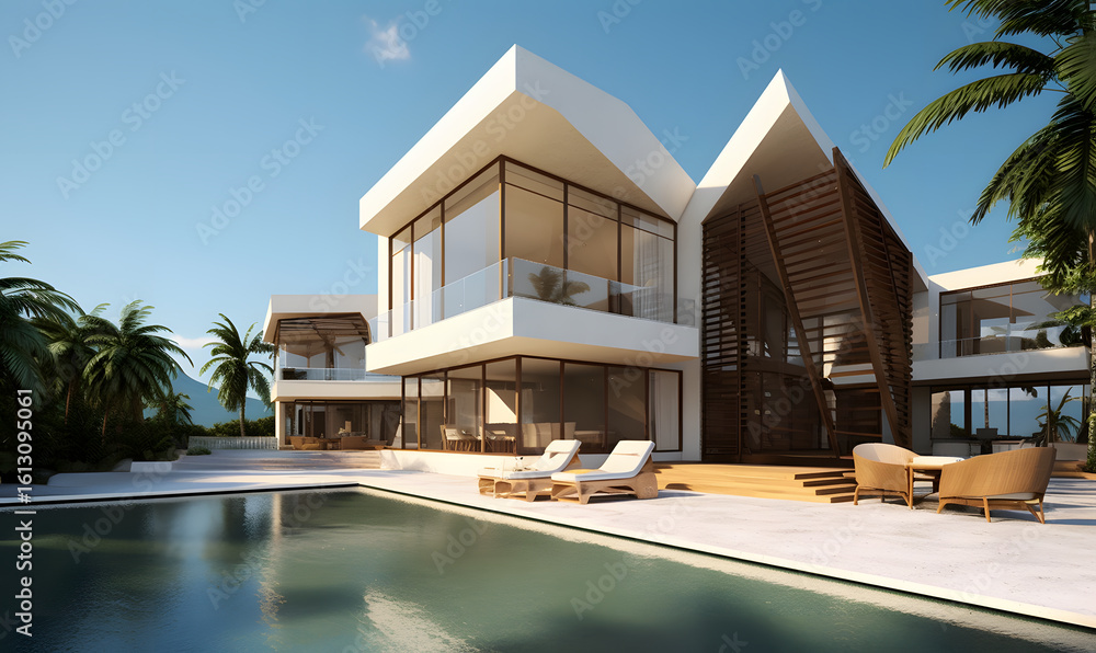 Fototapeta premium Sunny modern luxury home showcase exterior with infinity pool