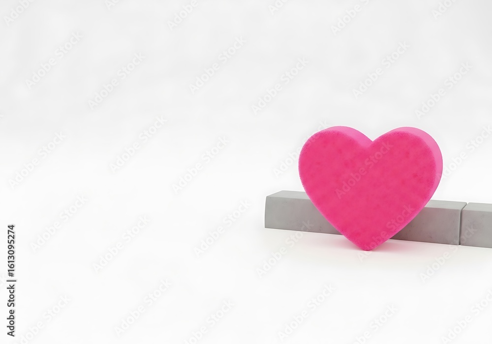 Fototapeta premium Pink Heart-Shaped Sponge on Grey Blocks; Minimalist Valentine's Day Concept