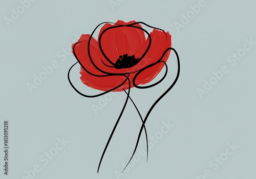 Bold Red Poppy Flower with Black Line Art on Blue Background