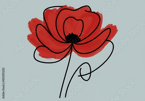 Abstract Red Poppy Flower Illustration with Black Outline and Gray Background