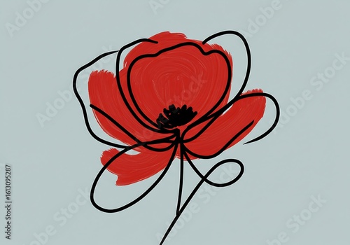 Abstract Red Poppy Flower with Black Outline on Light Blue Background