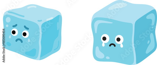 Playful Blue Ice Cube Characters with Crying Faces, Symbolizing Sadness, Melting, or Refreshment in a Charming and Relatable Illustration.