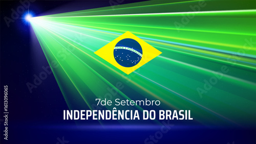 September 7, brazil independence day. Brazilian flag laser light show. National holiday. Laser beams, dj light party. Vector greetings card. Translation September 7th Independence Day