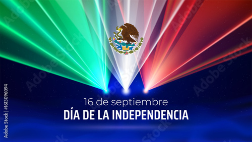 September 16, mexico independence day. Mexican flag laser light show. National holiday. Laser beams, dj light party. Vector greetings card. Translation september 16th, Independence Day