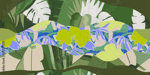 Abstract geometric patchwork botanical print. Leaves, flowers and shapes collage contemporary seamless pattern. 