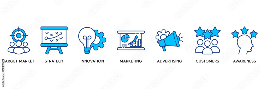 Obraz premium Brand icon set vector illustration concept relate to target market, strategy, innovation, marketing, advertising, customers, and awareness