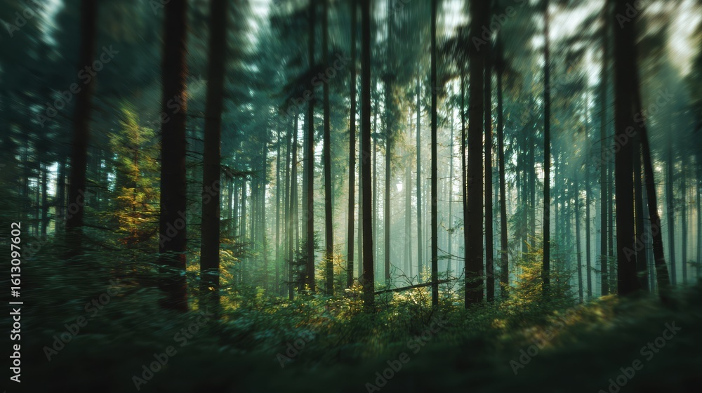 Obraz premium A serene forest scene with towering trees and soft sunlight filtering through the leaves, evoking peace and tranquility.