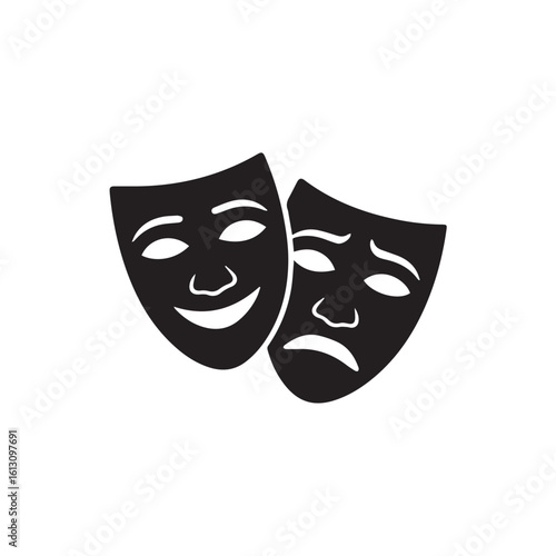 Minimalist Dual Drama Masks Silhouette – Performing Arts Symbol Vector on White Background