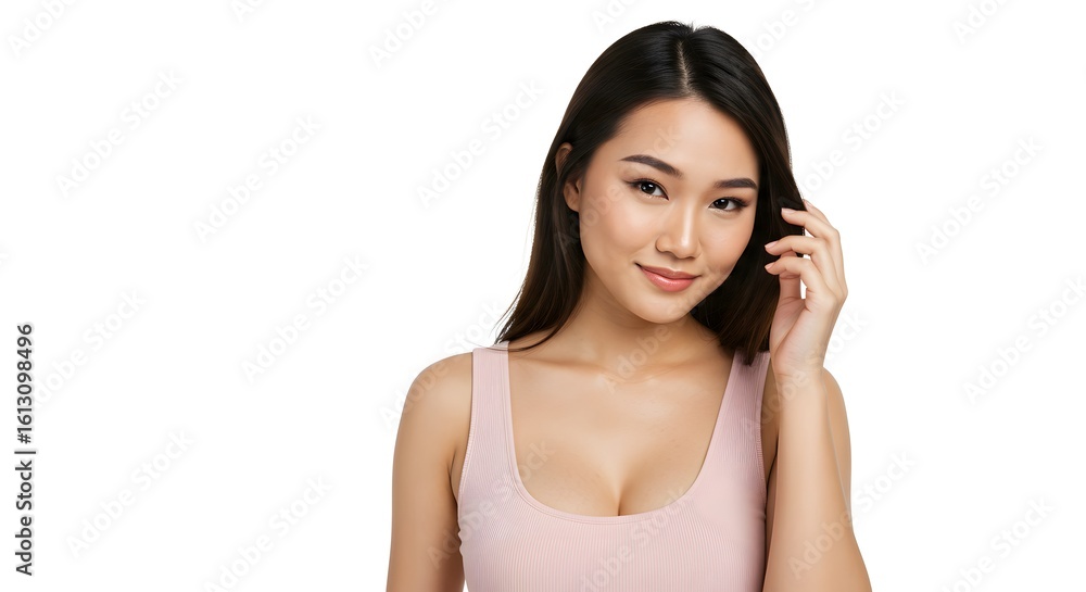 Serene Asian Woman with Flawless Skin Gently Touching Her Hair on White Background. Serene Asian Woman with Flawless Skin Gently Touching Her Hair on White Background.