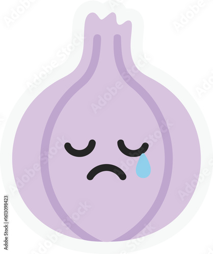 Crying Purple Onion with Sad Expression and Teardrop, Emotional Food Character Isolated on White Background
