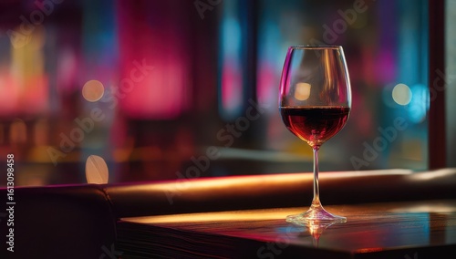 Red wine glass on bar table, vibrant city lights