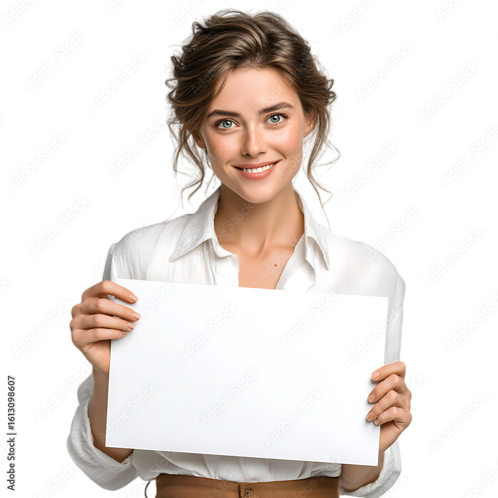 Woman Holding Blank Sign Perfect for Your Message isolated on transparent Background Woman Holding Blank Sign Perfect for Your Message isolated on transparent Background