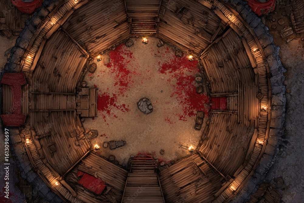 Obraz premium Top-down view of a circular wooden battle arena with staircases, torches, and a bloodstained dirt floor, evoking a gritty fantasy combat setting or ancient gladiator pit