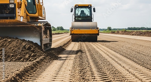 Heavy machinery grading sandy soil: bulldozer and road roller on construction site.