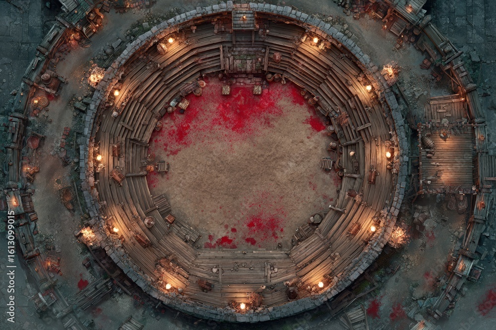 Obraz premium Top-down view of a circular wooden battle arena with staircases, torches, and a bloodstained dirt floor, evoking a gritty fantasy combat setting or ancient gladiator pit